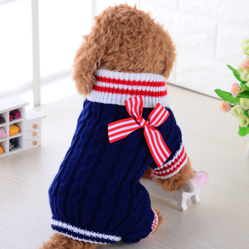 Cable Knit Dog Sweater with Sailor Bow – Warm Winter Pet Jumper