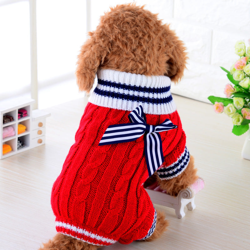 Cable Knit Dog Sweater with Sailor Bow – Warm Winter Pet Jumper